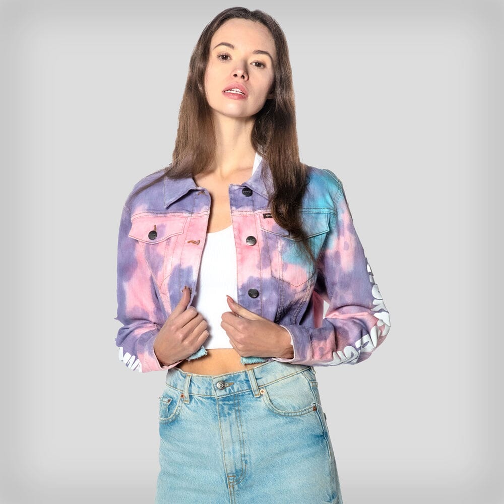 Members Only Women's Rugrats Tie-Dye Frayed Crop Denim Jacket - Ruumur