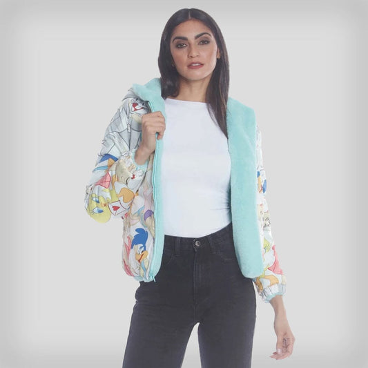 Members Only Women's Faux Rabbit Fur Reversible Bomber Looney Tunes Satin Mashup Print Lining Jacket - Ruumur