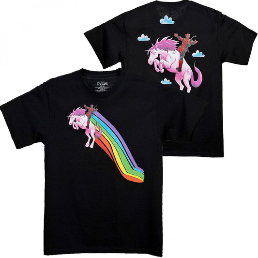 title:Deadpool Flying High on a Unicorn Front and Back T-Shirt;color:Black