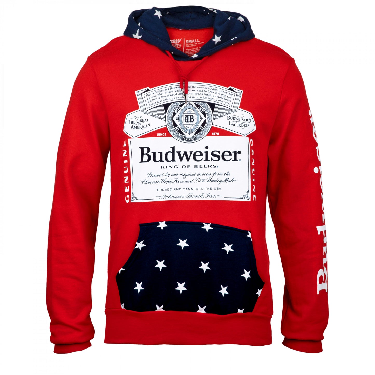 title:Budweiser Bottle Label and Patriotic Stars Hoodie;color:Red