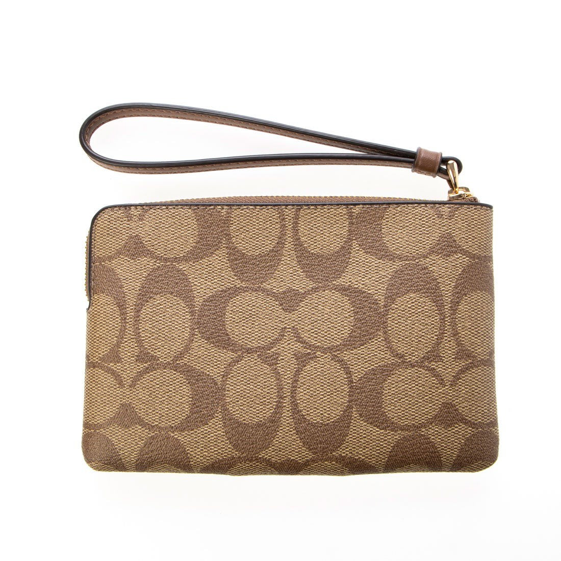 title:Coach Women's Corner Zip Wristlet In Signature Canvas;color:Khaki / Saddle