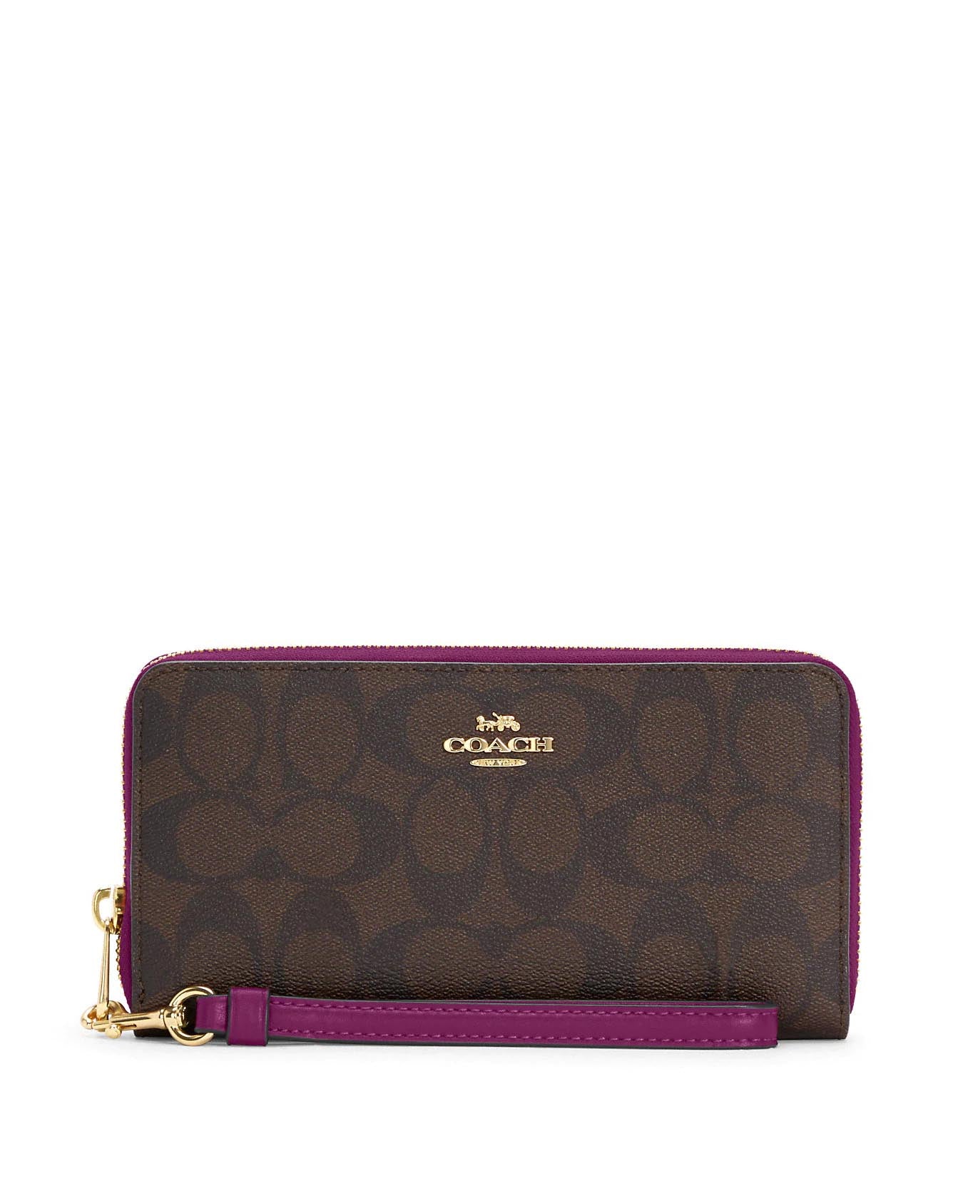 title:Coach Women's Long Zip Around Wallet In Signature Canvas;color:Brown / Dark Magenta