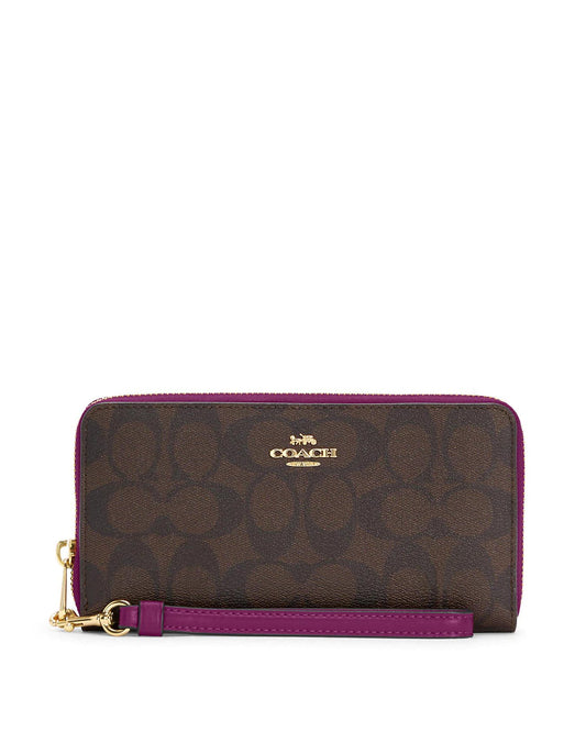 title:Coach Women's Long Zip Around Wallet In Signature Canvas;color:Brown / Dark Magenta