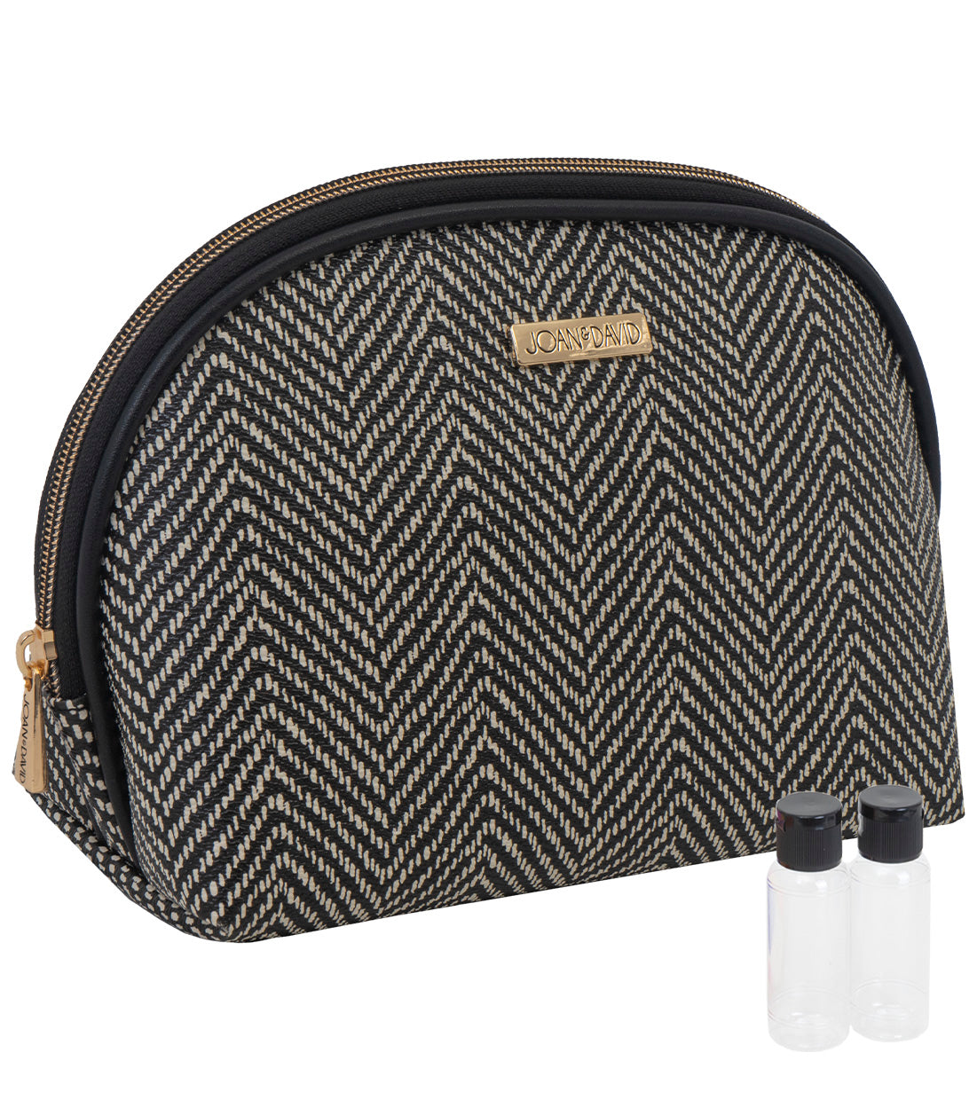 title:Joan & David Chevron Patterned Dome Cosmetic Bag;color:Black