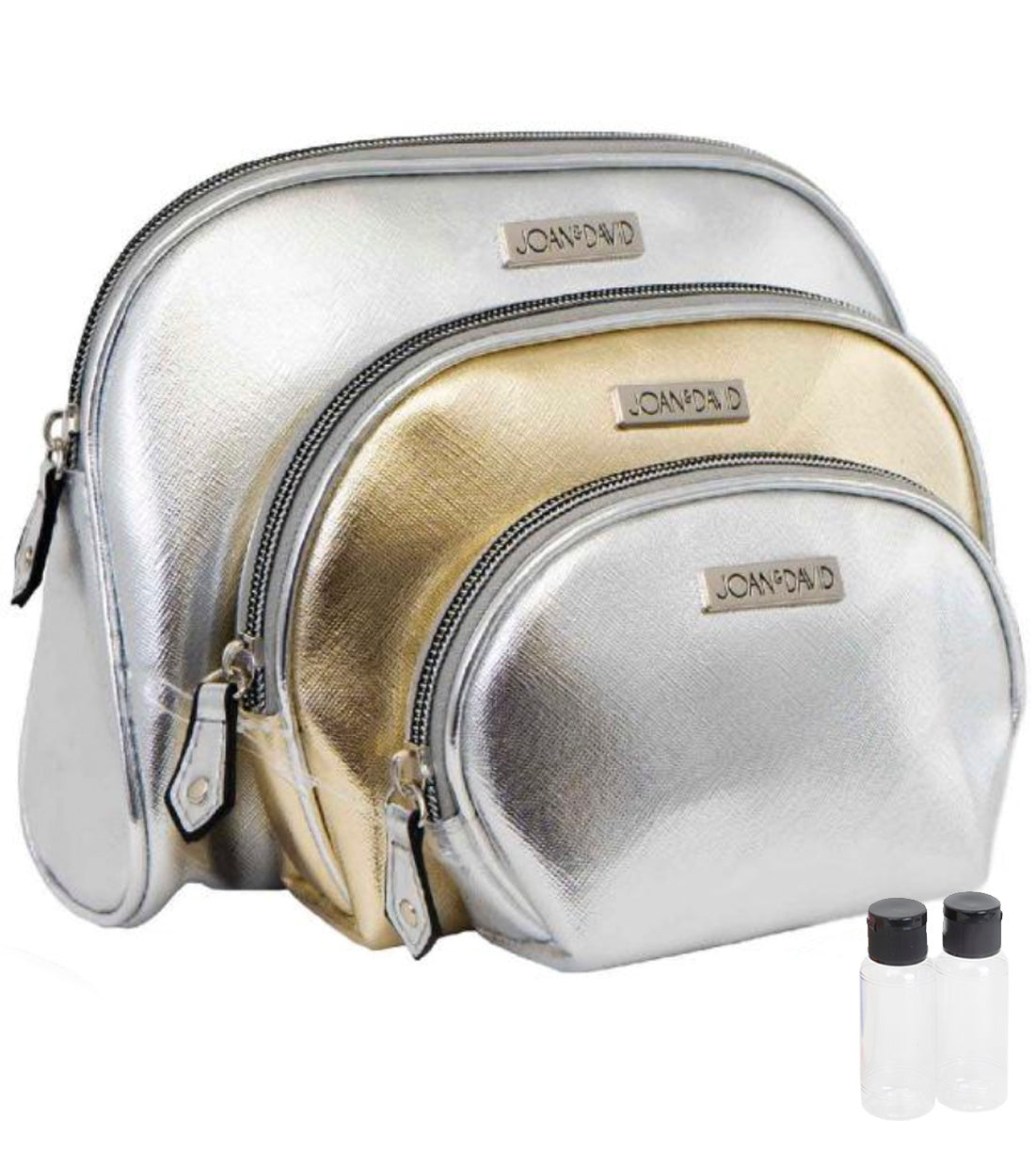 title:Joan & David Metallic 3 Piece Dome Cosmetic Toiletry Bag Set;color:Silver