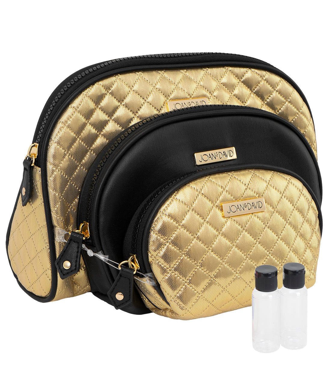 title:Joan & David Metallic Quilted 3 Piece Dome Cosmetic Toiletry Bag Set;color:Gold