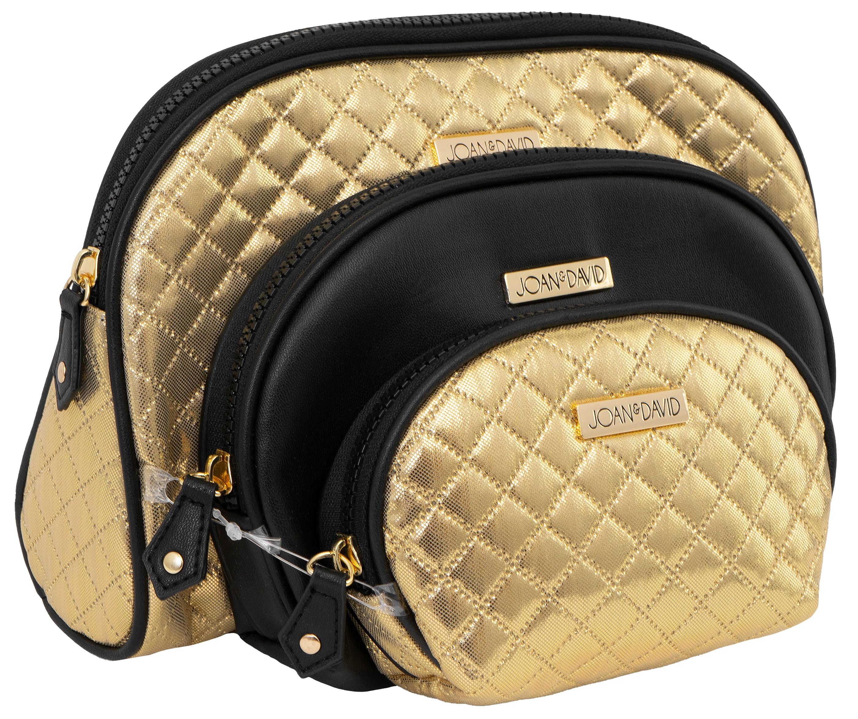 title:Joan & David Metallic Quilted 3 Piece Dome Cosmetic Toiletry Bag Set;color:Gold