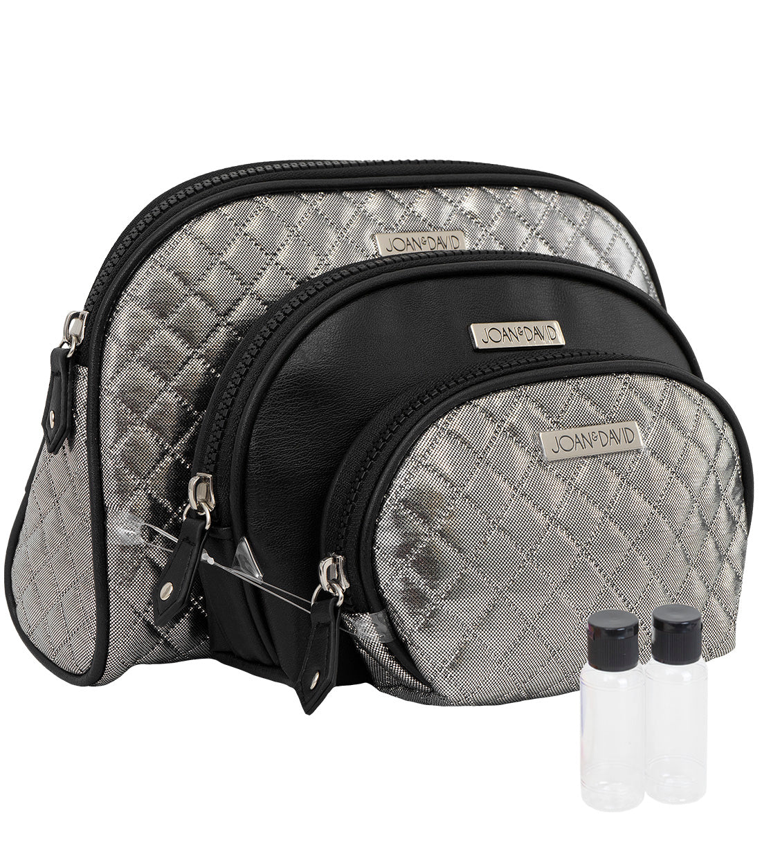 title:Joan & David Metallic Quilted 3 Piece Dome Cosmetic Toiletry Bag Set;color:Silver