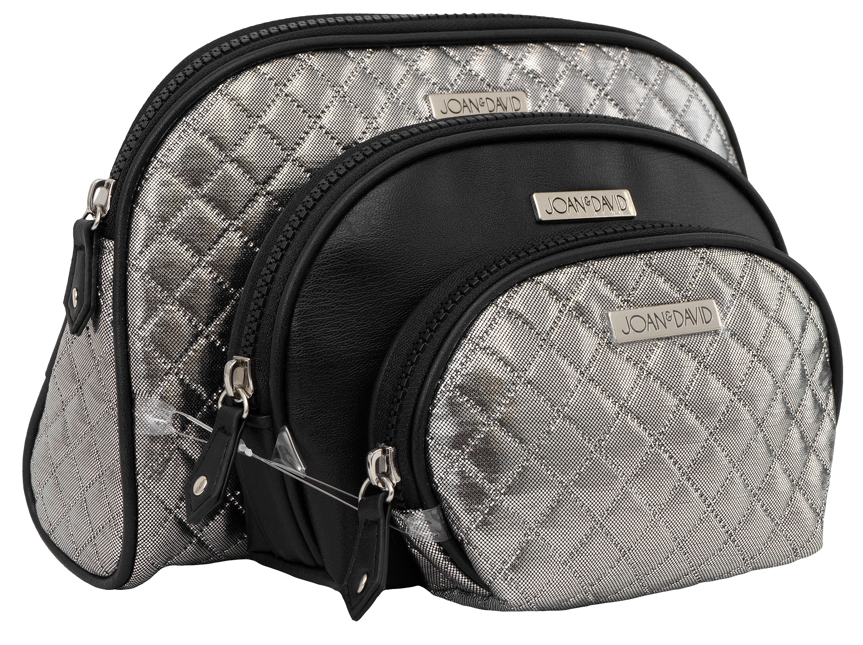 title:Joan & David Metallic Quilted 3 Piece Dome Cosmetic Toiletry Bag Set;color:Silver