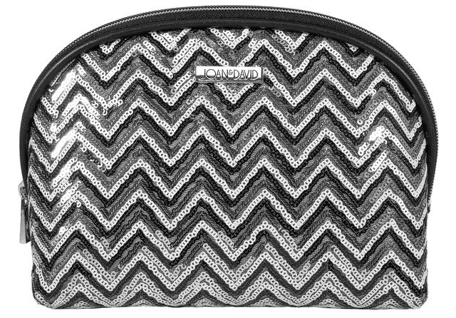 title:Joan & David Sequined Chevron Patterned Dome Cosmetic Bag;color:Silver