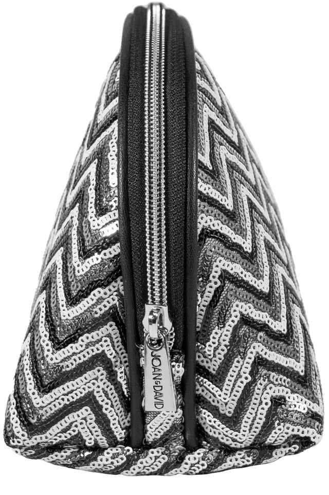 title:Joan & David Sequined Chevron Patterned Dome Cosmetic Bag;color:Silver