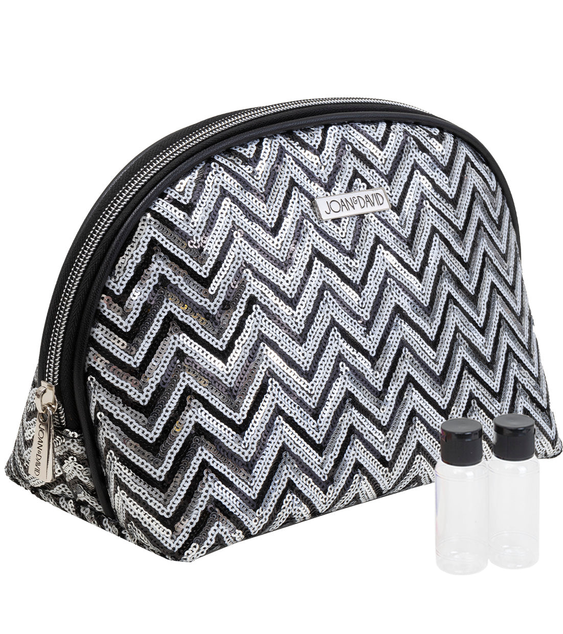 title:Joan & David Sequined Chevron Patterned Dome Cosmetic Bag;color:Silver