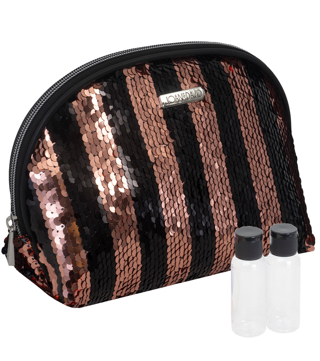 title:Joan & David Sequined Stripe Patterned Dome Cosmetic Bag;color:Rose