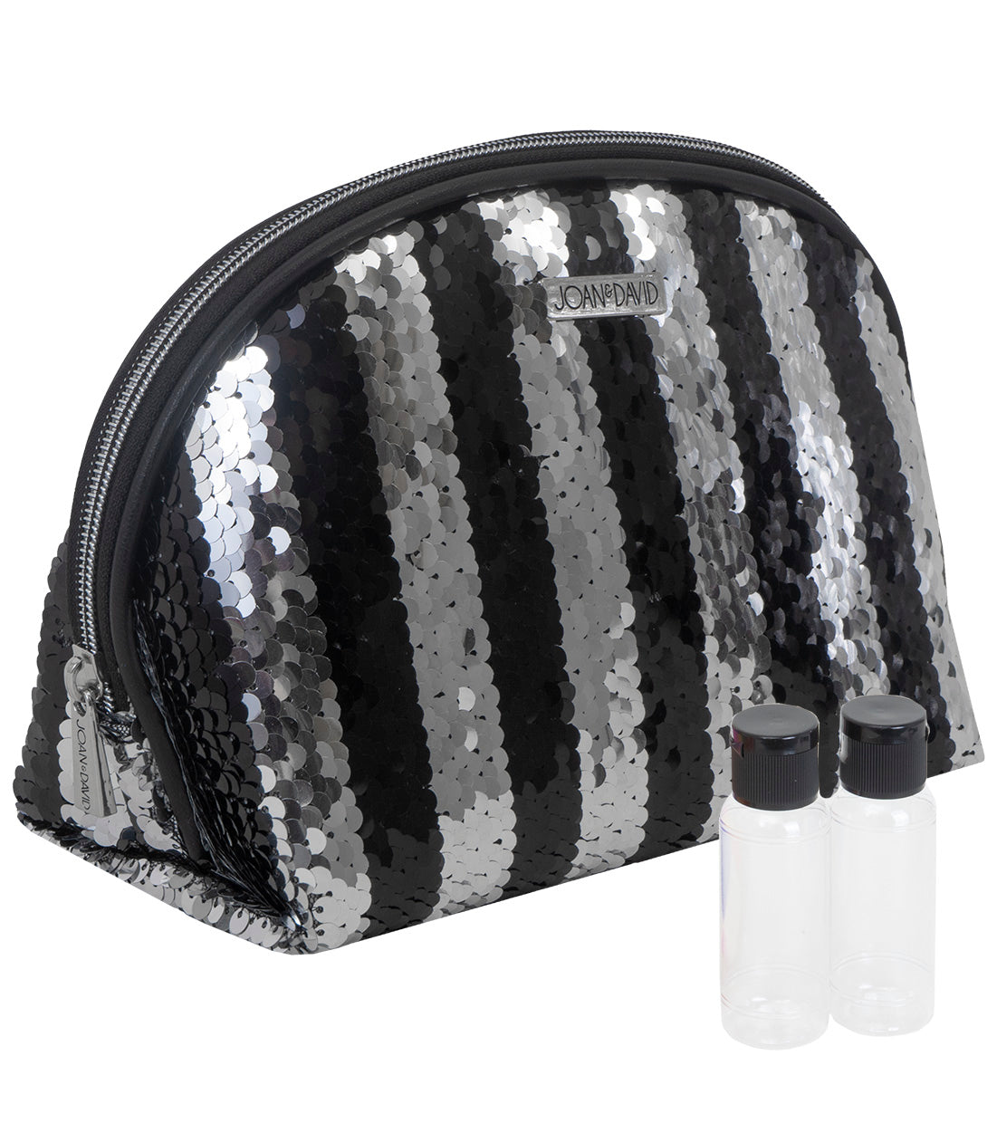 title:Joan & David Sequined Stripe Patterned Dome Cosmetic Bag;color:Silver