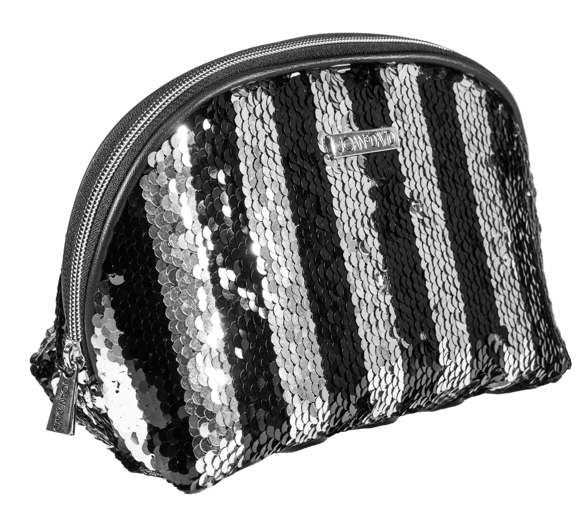 title:Joan & David Sequined Stripe Patterned Dome Cosmetic Bag;color:Silver