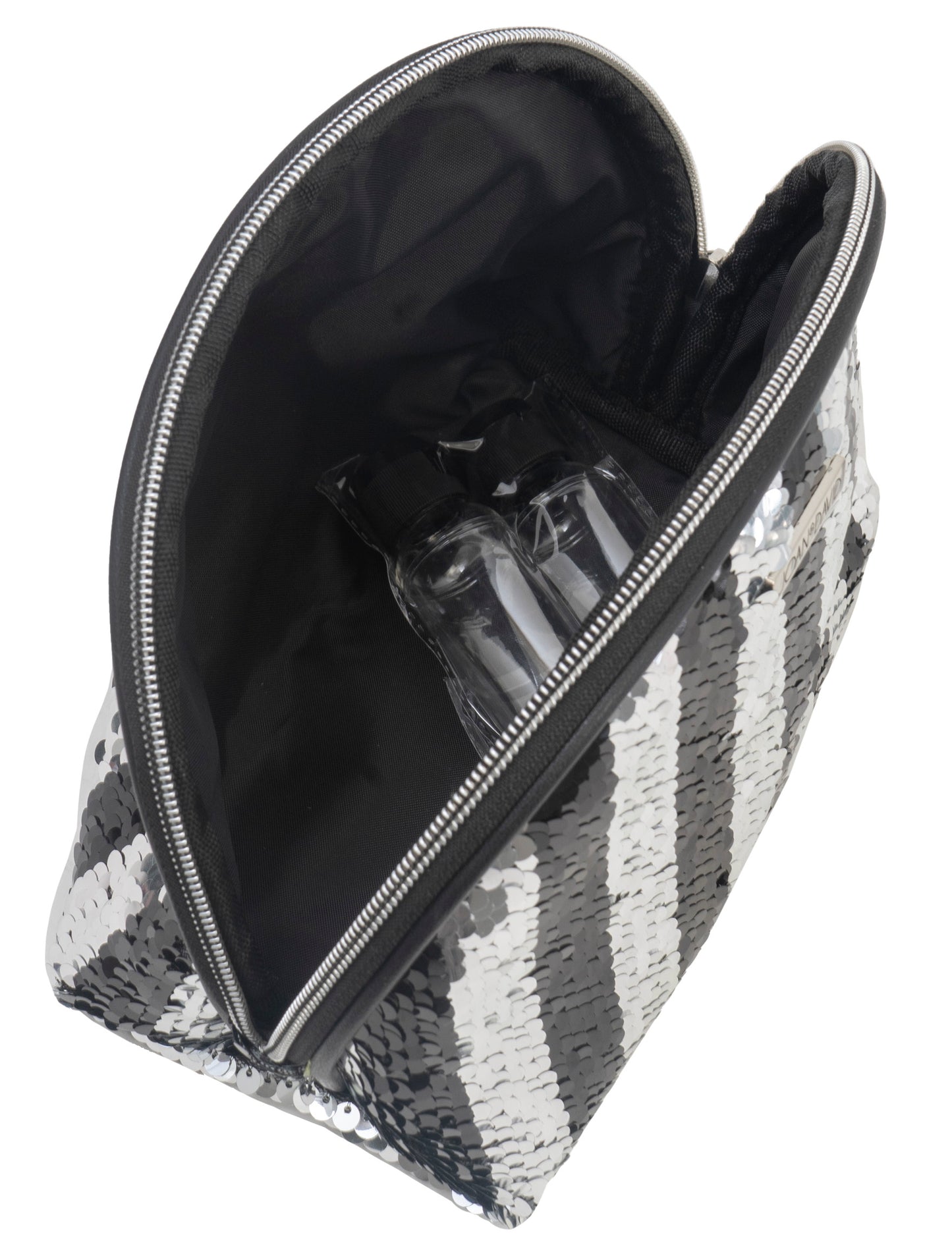 title:Joan & David Sequined Stripe Patterned Dome Cosmetic Bag;color:Silver