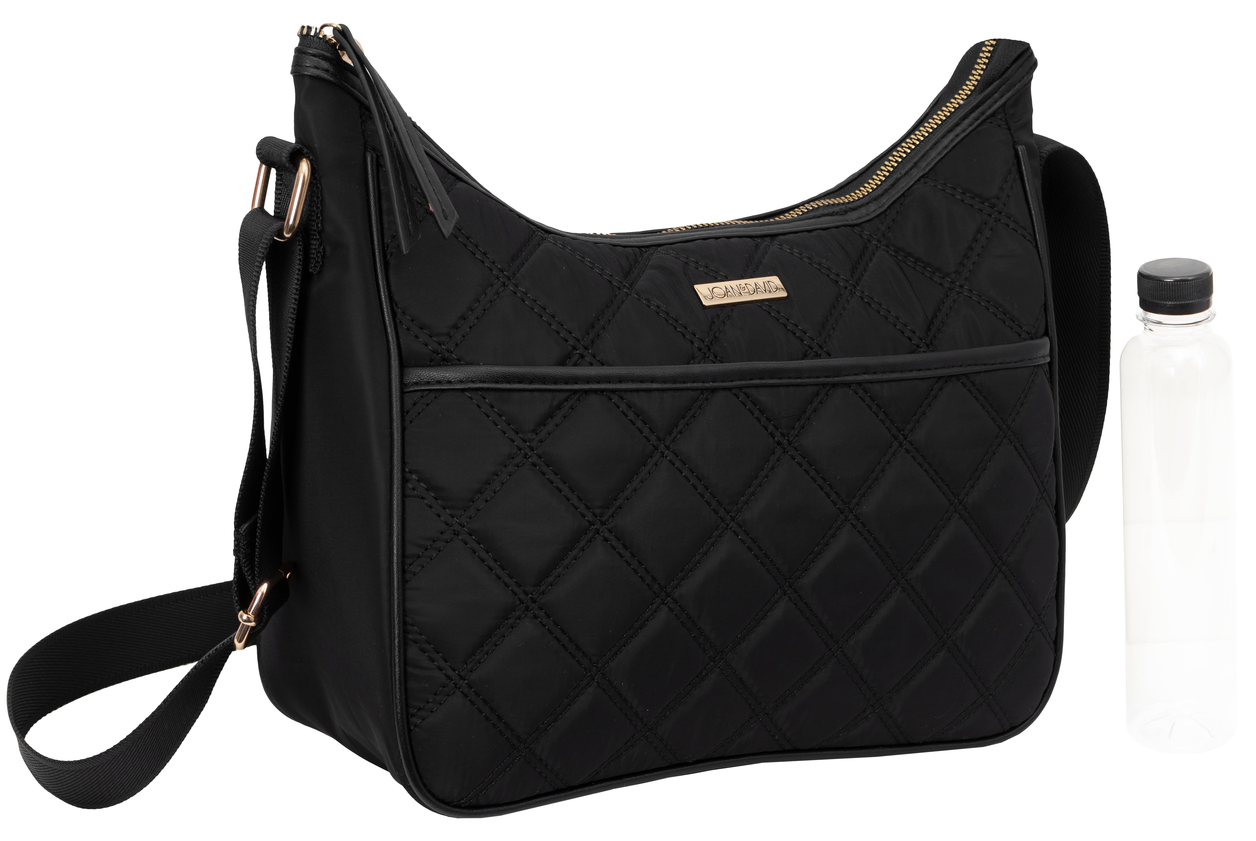 title:Joan & David Diamond Quilted Crossbody Nylon Cooler Lunch Tote With Re-Usable Bottle;color:Black