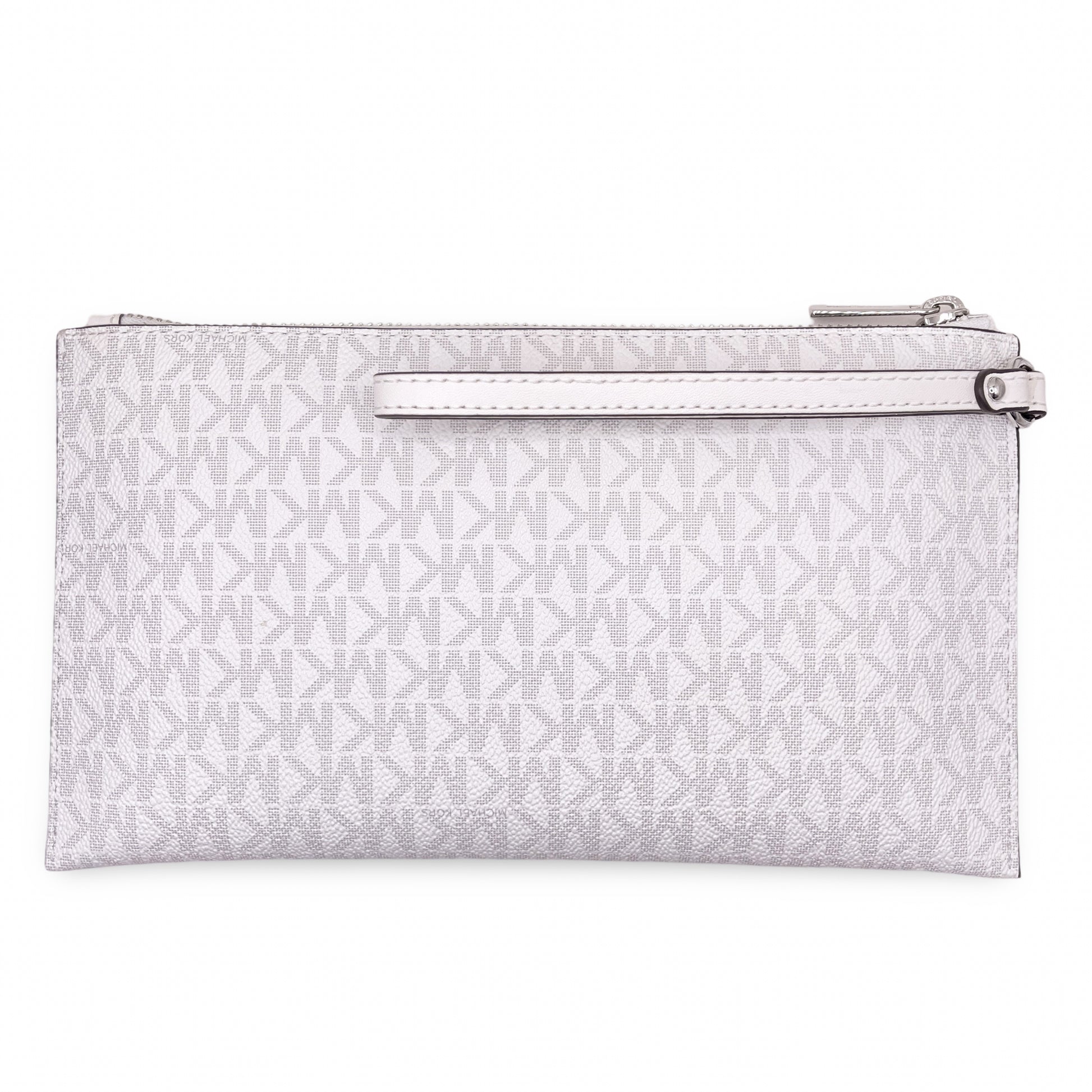 title:Michael Kors Women's Jet Set Travel Large Logo Print Canvas Top Zip Wristlet Pouch;color:Optic White