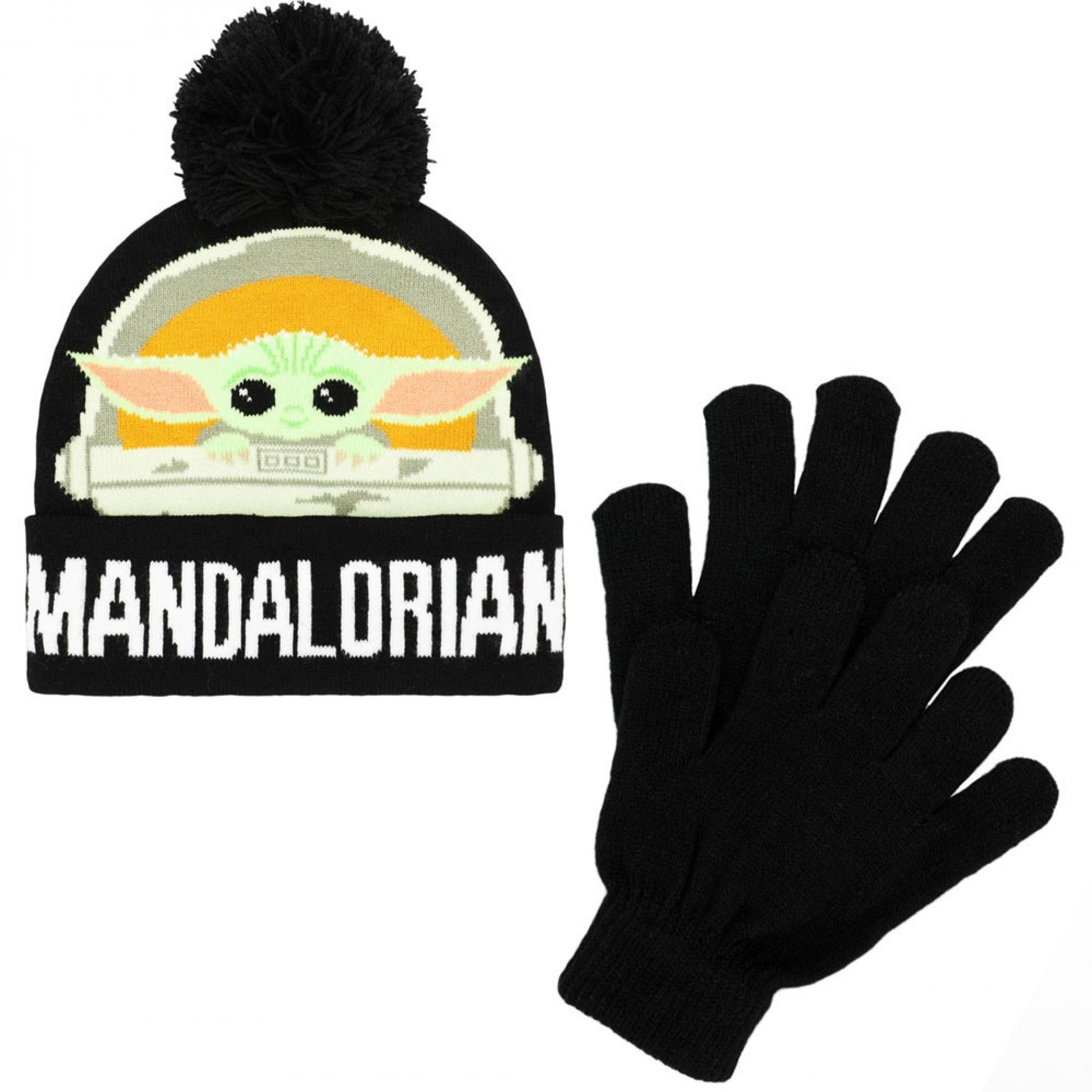 title:Star Wars The Mandalorian The Child Youth Cuff Pom Beanie & Gloves 2-Piece Winter Combo;color:Black