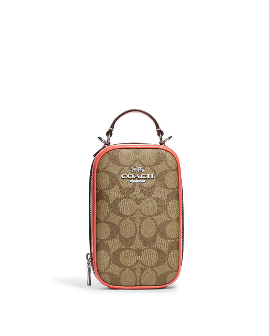 title:Coach Women's Eva Phone Crossbody In Signature Canvas;color:Khaki / Tangerine