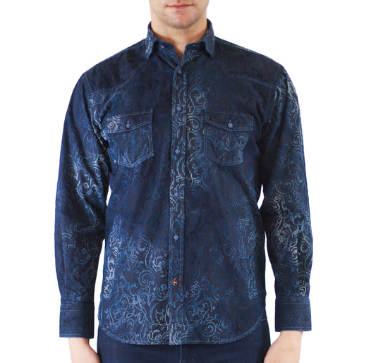 Denim Shirt Jacket with Flocked Blue Paisley Swirl