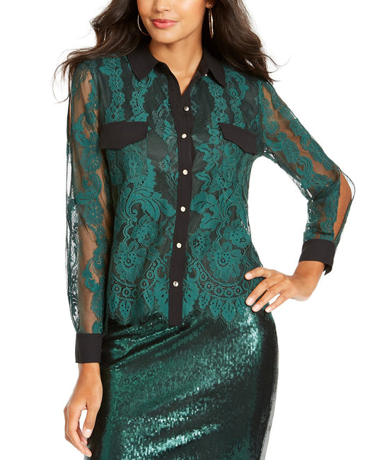 Thalia Sodi Women's Mixed-Media Button-Up Shirt Green Size Small