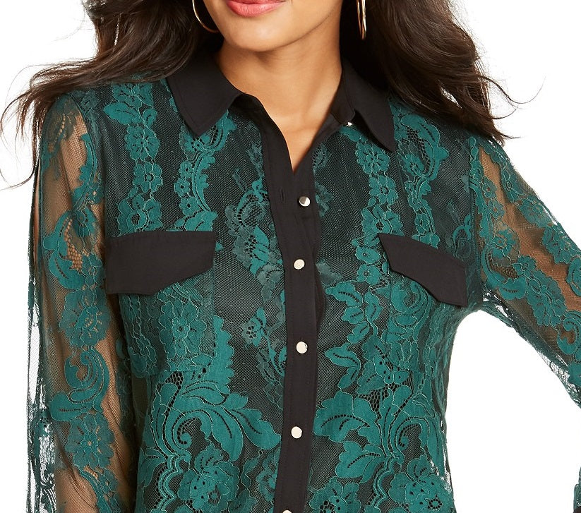 Thalia Sodi Women's Mixed-Media Button-Up Shirt Green Size Small