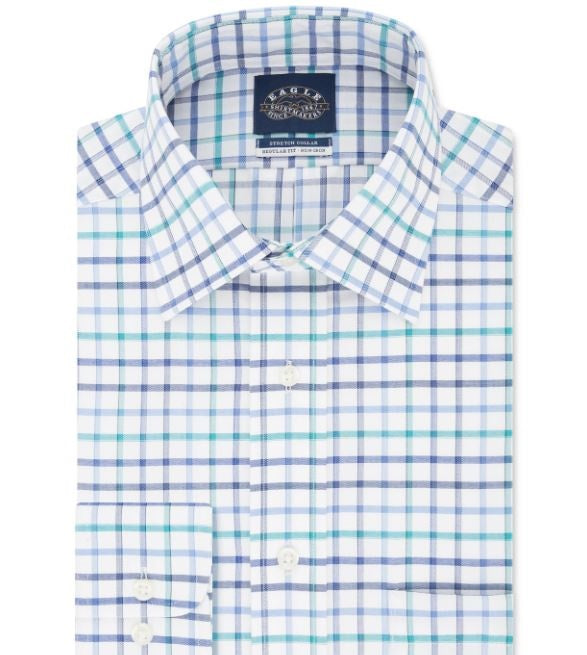 Eagle Men's Windowpane Plaid Collared Classic Fit Stretch Dress Shirt Blue