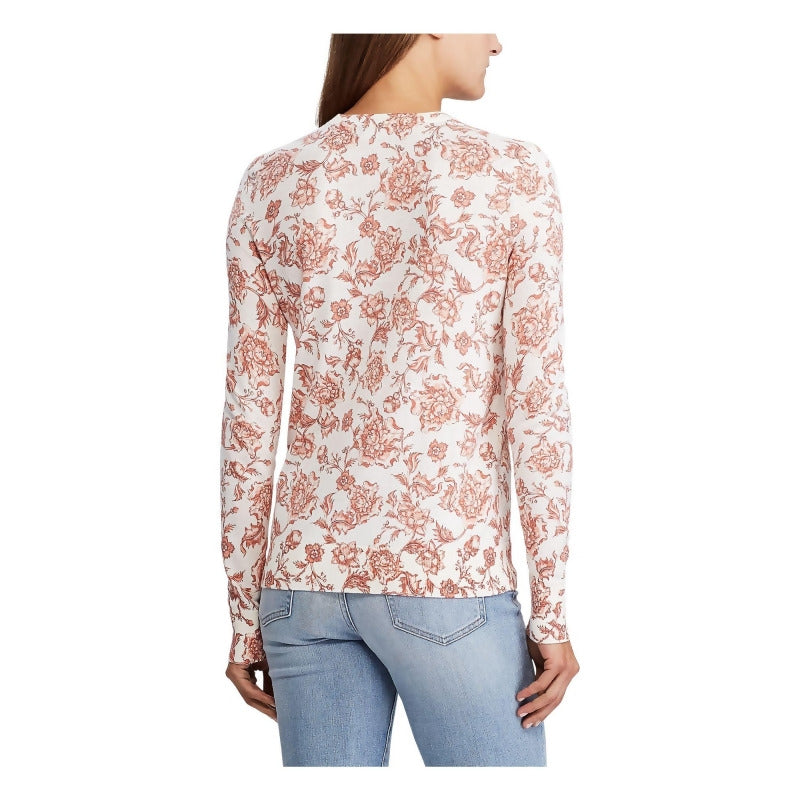Ralph Lauren Womens Beige Floral Long Sleeve Jewel Neck T-Shirt Top White Size Medium