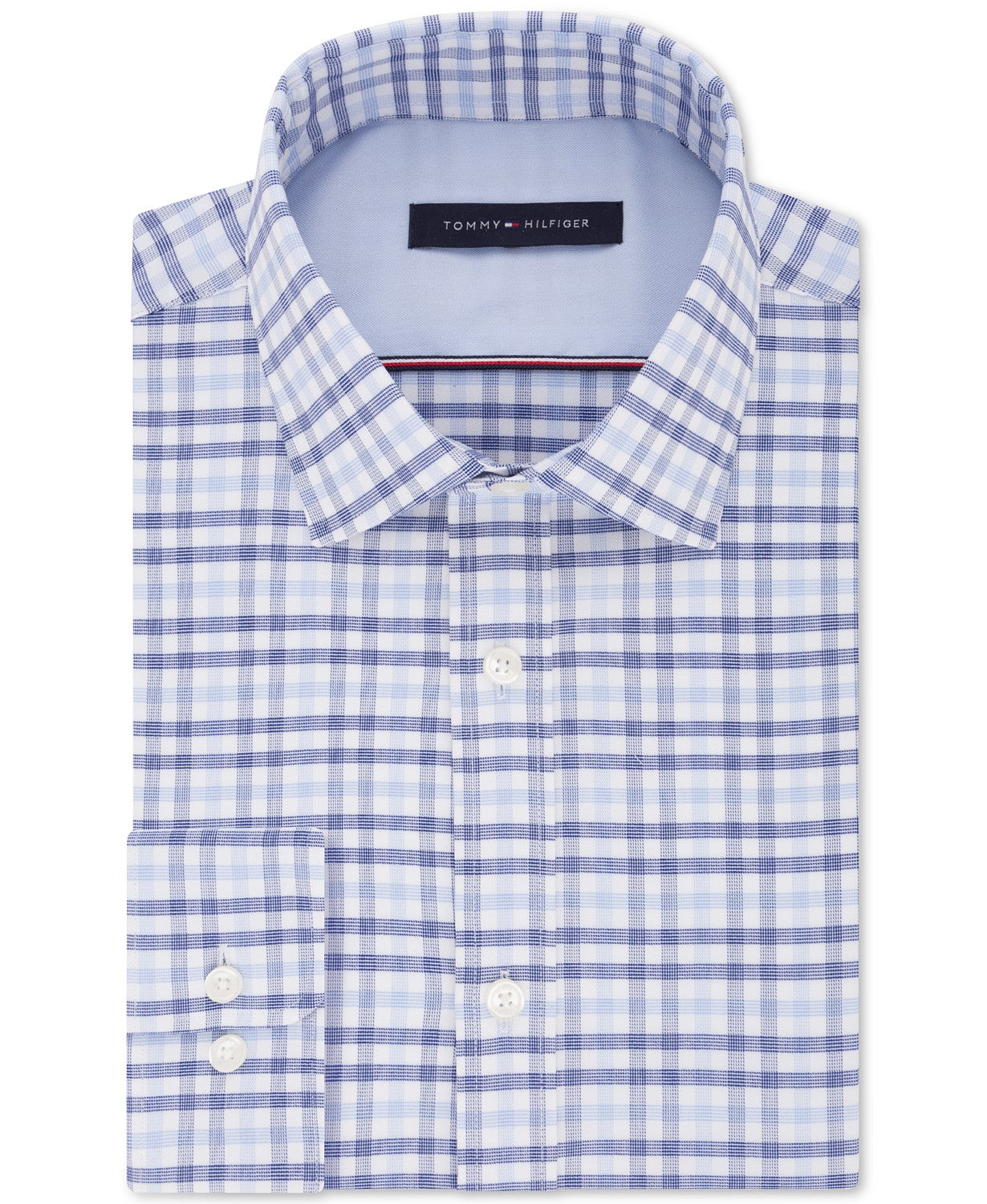 Tommy Hilfiger Men's Fitted Performance Stretch Blue Check Dress Shirt Blue Size 16.5x36-37