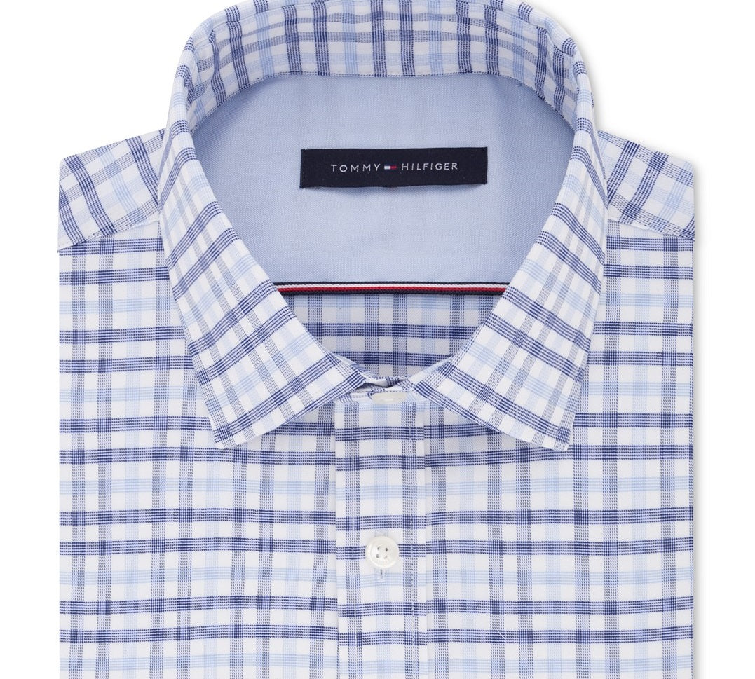 Tommy Hilfiger Men's Fitted Performance Stretch Blue Check Dress Shirt Blue Size 16.5x36-37