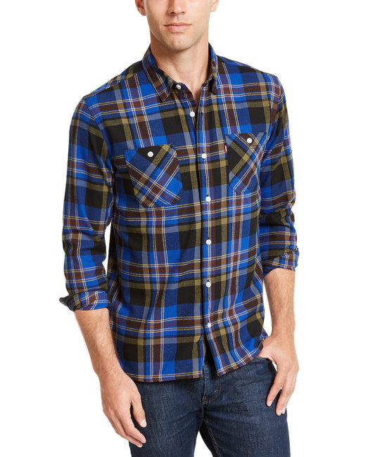 Levi's Men's Dual Pocket Plaid Flannel Shirt Blue Size Medium