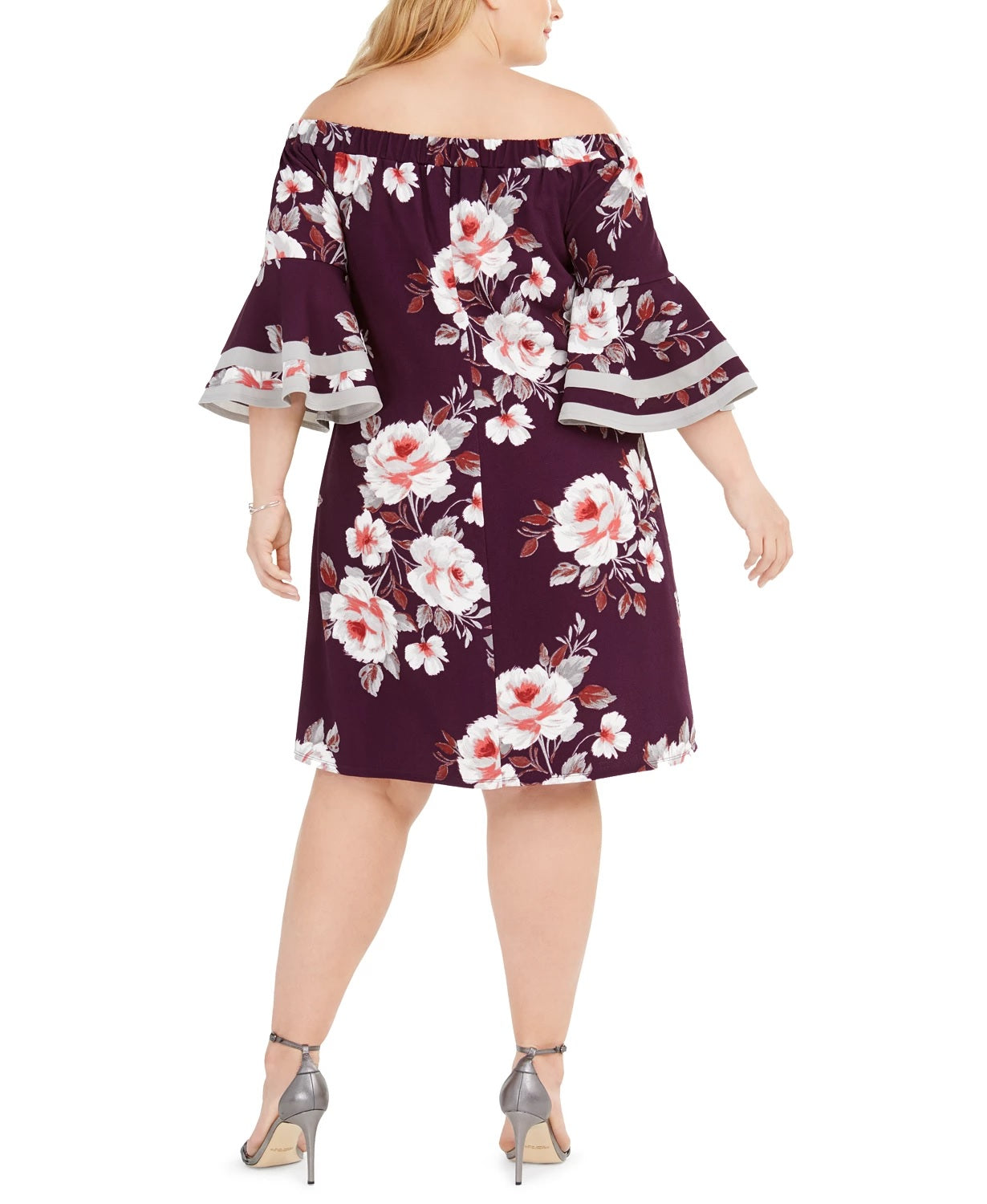 Love Squared Women's Floral Bell Sleeve Off Shoulder Knee Length Shift Party Dress Purple Size 1X