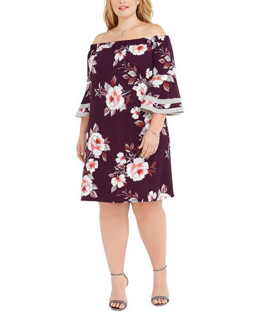 Love Squared Women's Trendy Plus Size Off-The-Shoulder Floral Dress Purple Size 2X