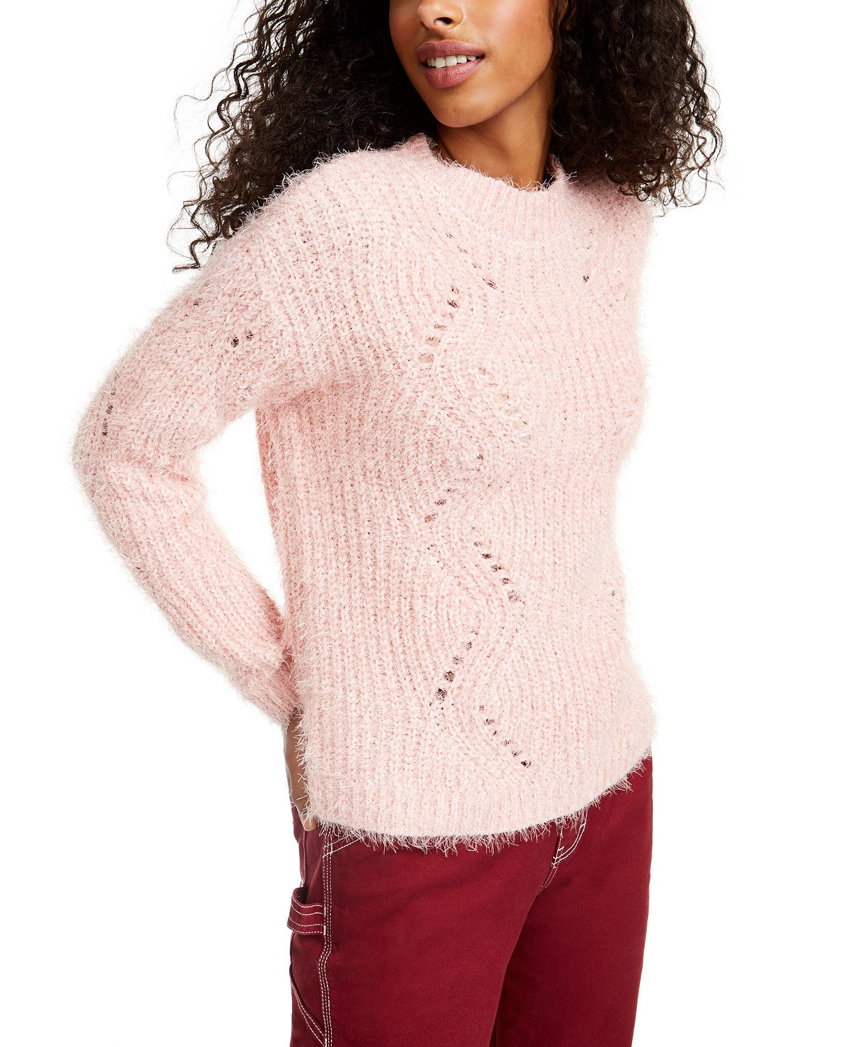 Freshman Juniors' Pointelle Chenille Sweater Pink Size Large