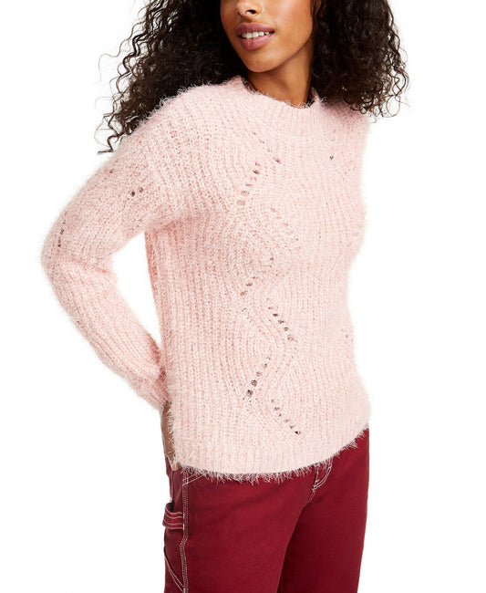 Freshman Juniors' Pointelle Chenille Sweater Pink Size Large