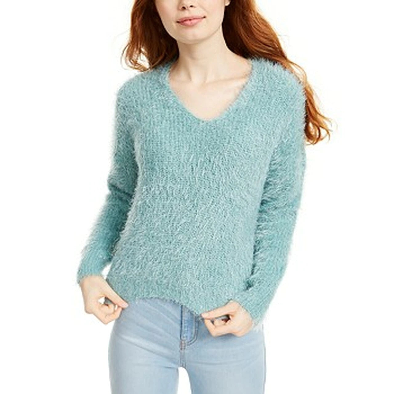 Freshman Juniors' Fuzzy V-Neck Sweater Aqua Size Medium