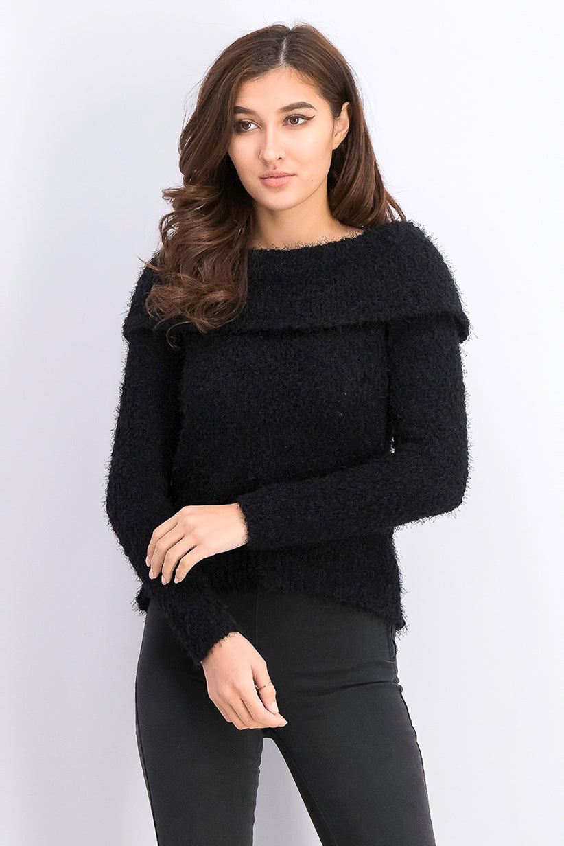 Freshman Juniors' Off-The-Shoulder Fuzzy Sweater Black Size Large