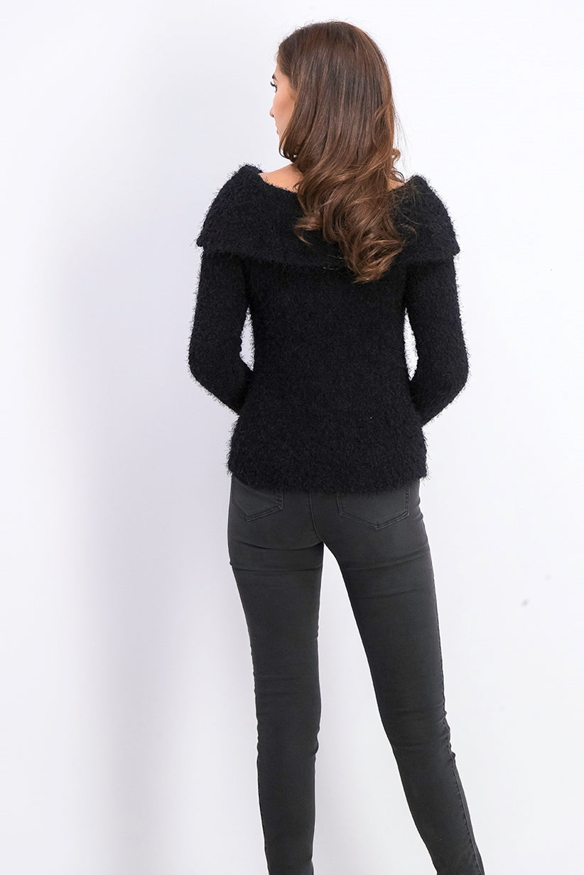 Freshman Juniors' Off-The-Shoulder Fuzzy Sweater Black Size Large