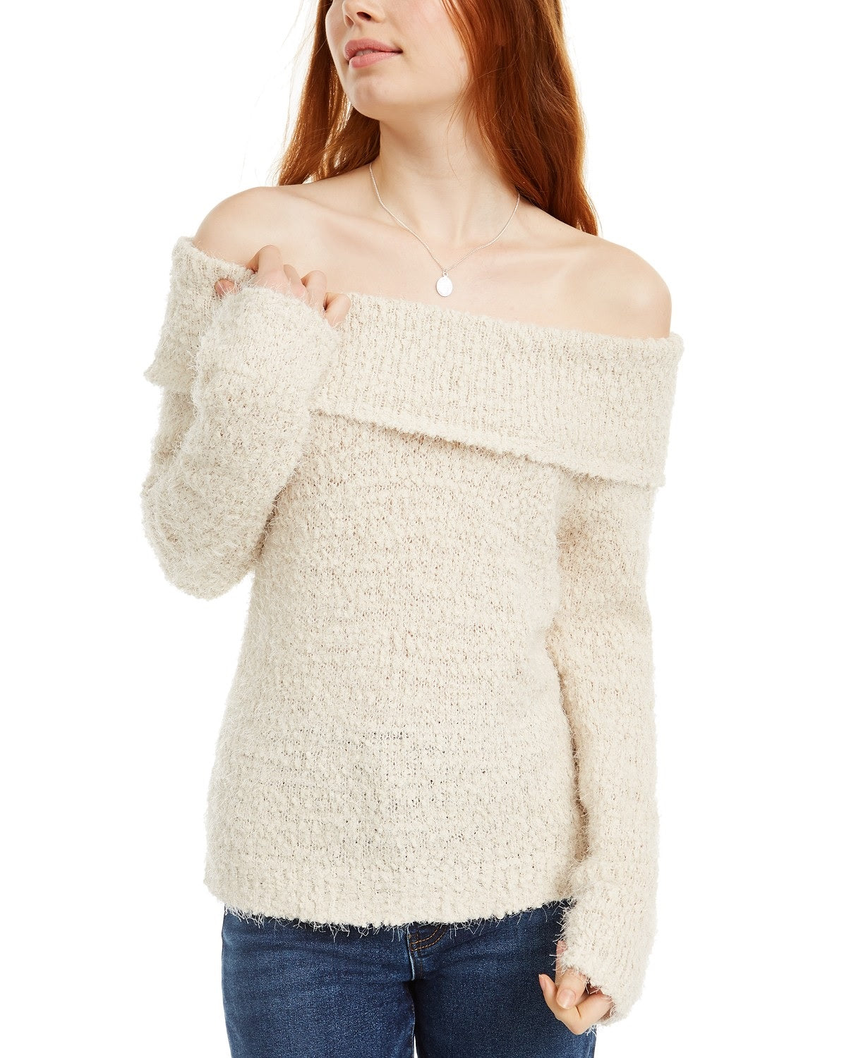 Freshman Juniors' Off-The-Shoulder Fuzzy Sweater Beige Size 2 Extra Large