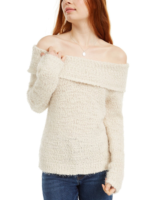 Freshman Juniors' Off-The-Shoulder Fuzzy Sweater Beige Size 2 Extra Large