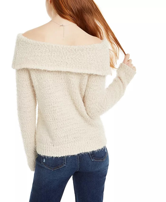 Freshman Juniors' Off-The-Shoulder Fuzzy Sweater Beige Size 2 Extra Large