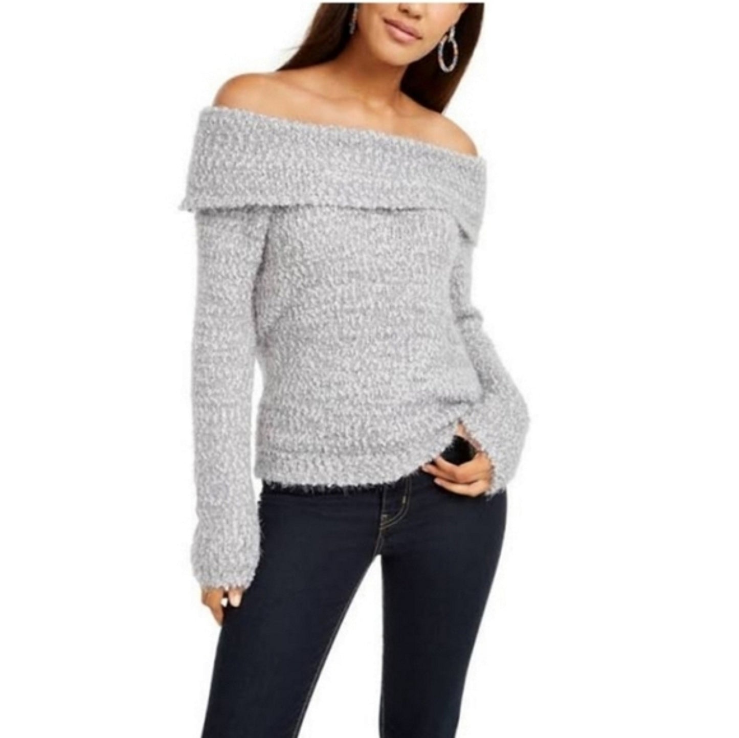 Freshman Juniors' Off-The-Shoulder Fuzzy Sweater Gray Size Small