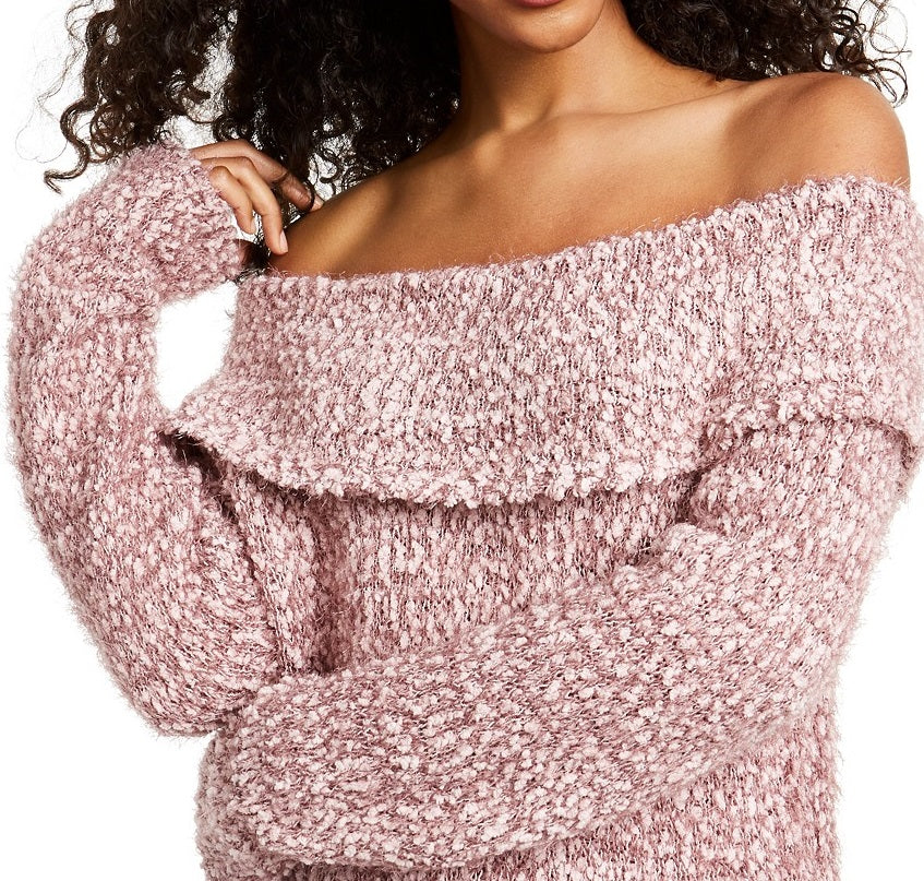 Freshman Juniors' Off-The-Shoulder Fuzzy Sweater Pink Size Extra Small