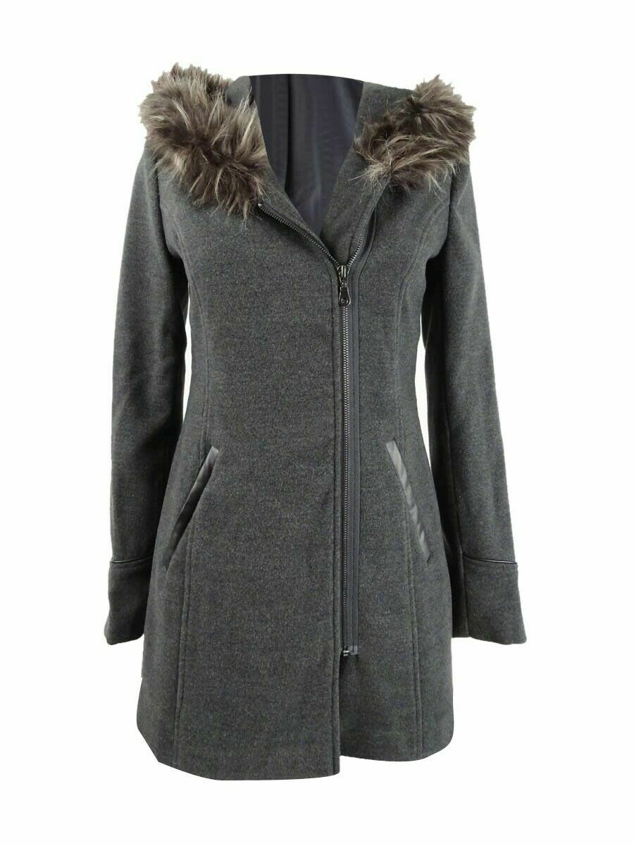 Maralyn & Me Juniors' Faux-Fur-Trim Hooded Coat Gray Size Medium