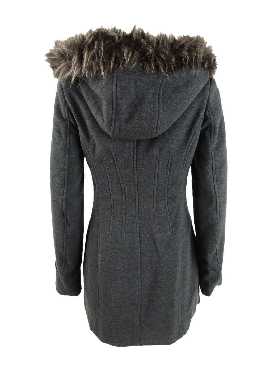 Maralyn & Me Juniors' Faux-Fur-Trim Hooded Coat Gray Size Medium