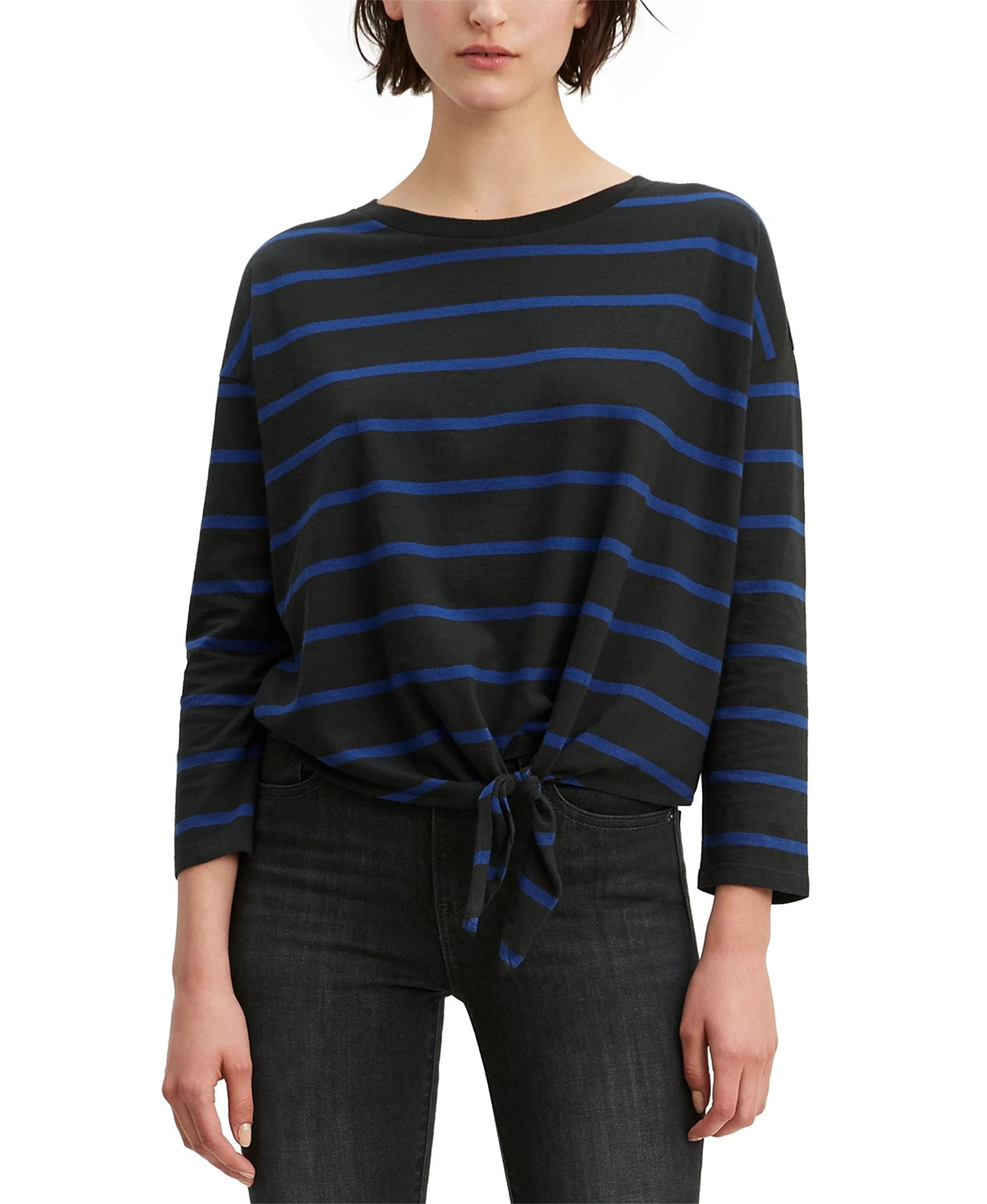 Levi's Women's Greta Striped Tie-Hem Cotton Top Black Size X-Large