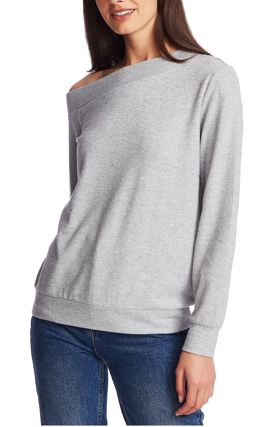 1.STATE Women's Crystal Detail Off The Shoulder Sweater Gray