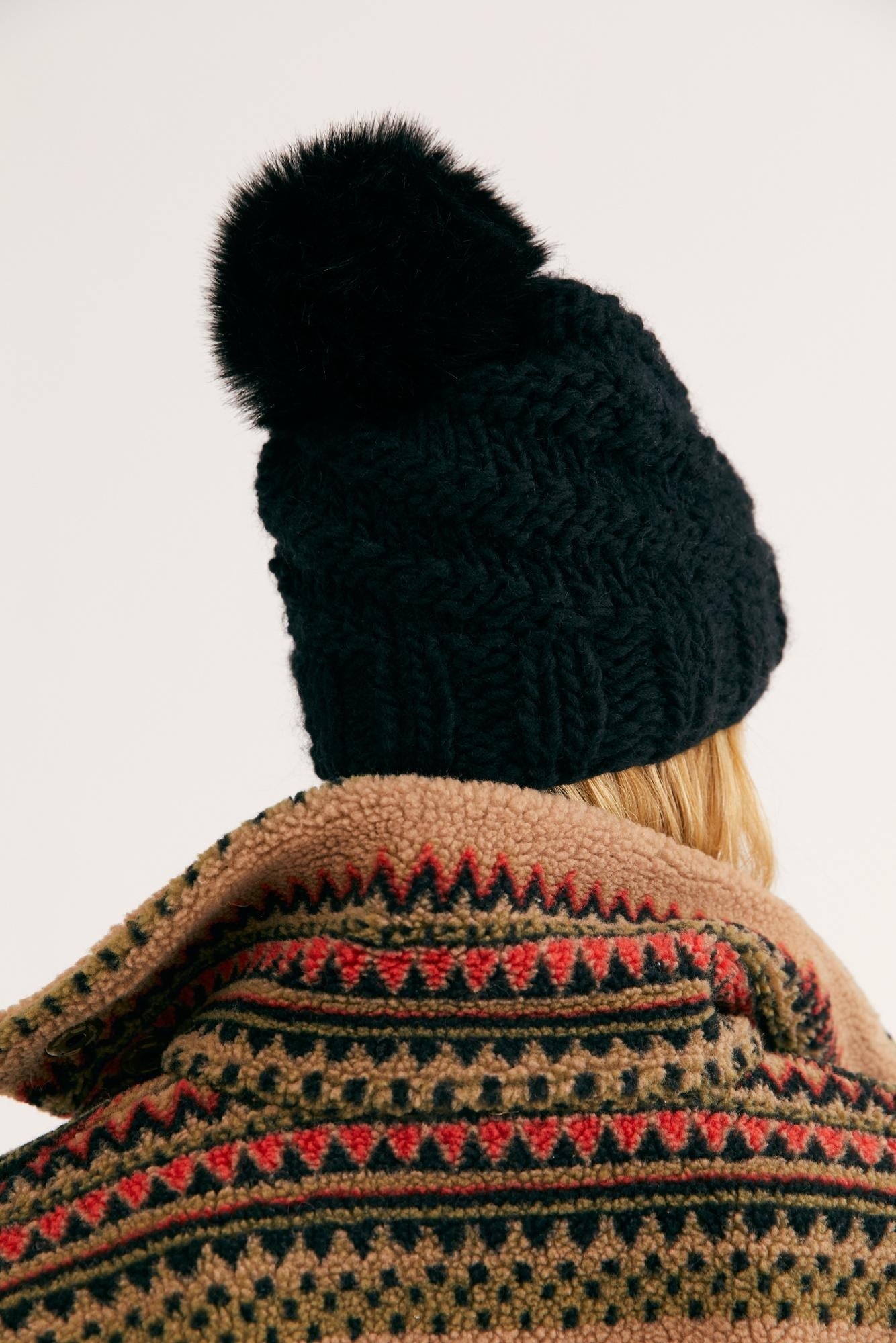 Free People Women's High Line Pom Beanie Hat Black One Size