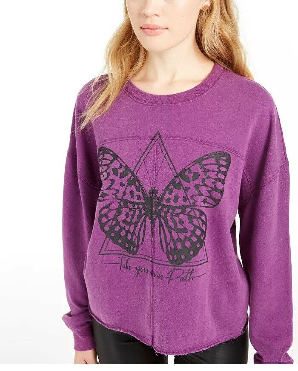 Rebellious One Juniors' Butterfly Graphic Sweatshirt Purple Size Small